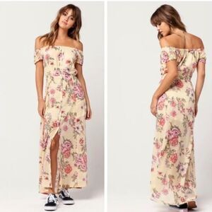 Billabong linger here yellow floral off the shoulder maxi dress size medium boho